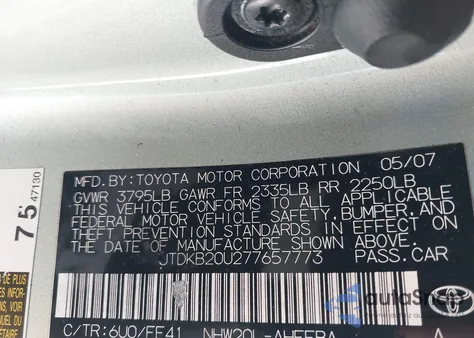 2007 Toyota Prius из США, поврежденный, VIN JTDKB20U277657773